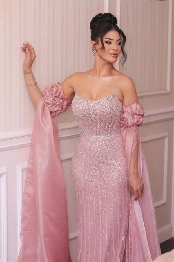 Pink Strapless Crystals Mermaid Evening Dresses Floor Length