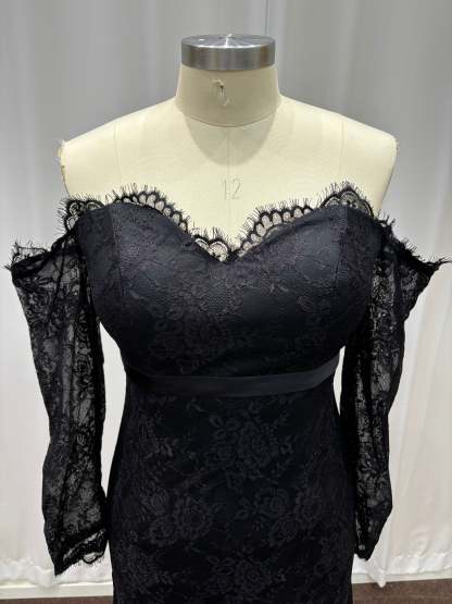Black Off-The-Shoulder Lace Long Sleeves Mermaid Evening Dresses