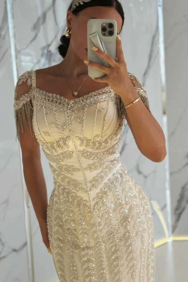 Stunning Short Sleeves Side Split Sheath Evening Dress with Beadings