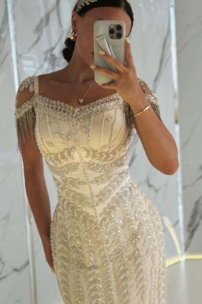 Stunning Short Sleeves Side Split Sheath Evening Dress with Beadings