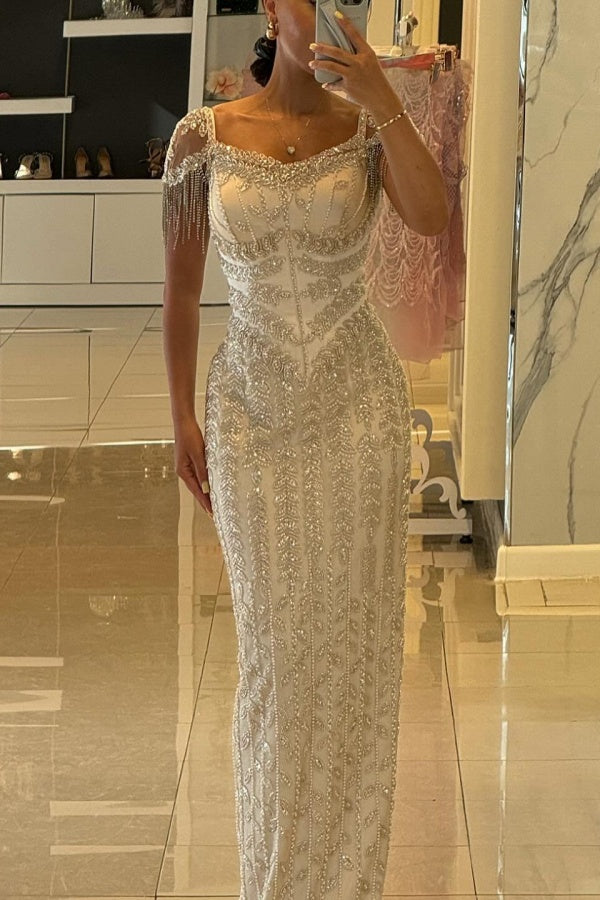 Stunning Short Sleeves Side Split Sheath Evening Dress with Beadings