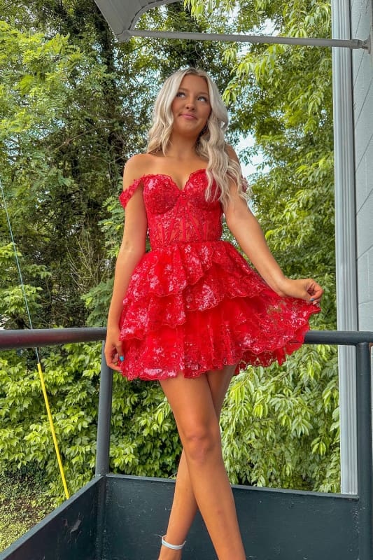 Glitter Fuchsia Tiered A-Line Short Lace Homecoming Dress