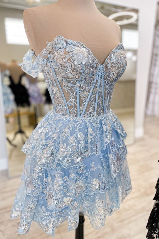 Glitter Fuchsia Tiered A-Line Short Lace Homecoming Dress