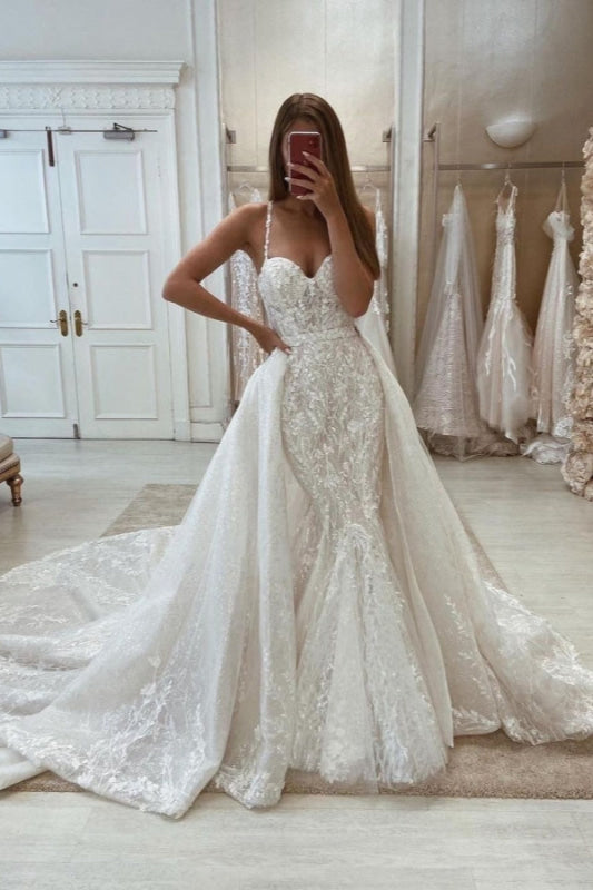 Glamorous Tulle Lace Mermaid Wedding Dress with Detachable Train - wedding dresses
