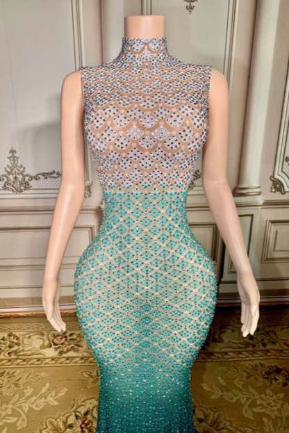 Glitter High Neck Rhinestone Sheath Prom Dress