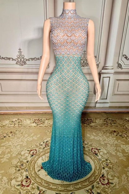 Glitter High Neck Rhinestone Sheath Prom Dress