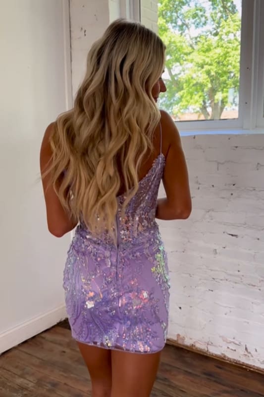 Glitter Lilac Corset Sequins Tight Short Homecoming Dress with Appliques