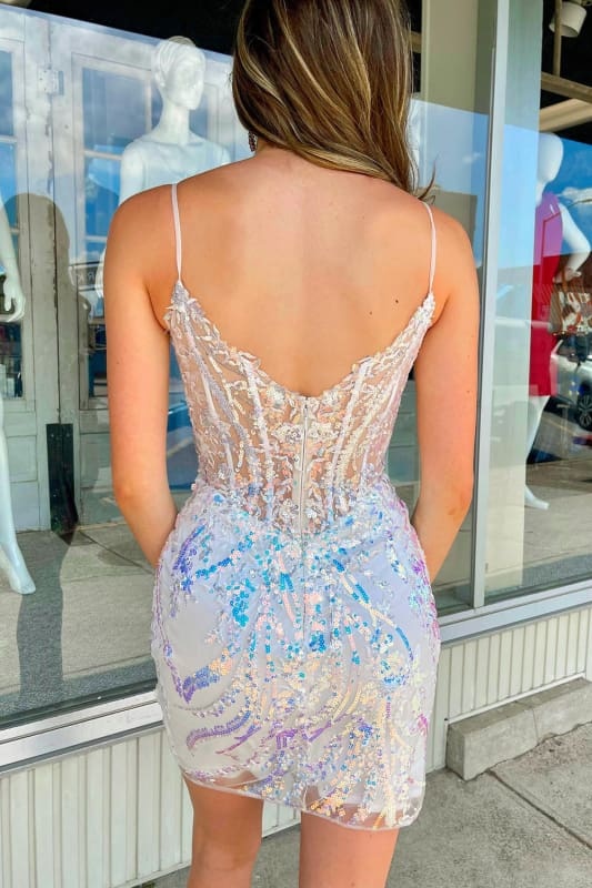 Glitter Lilac Corset Sequins Tight Short Homecoming Dress with Appliques