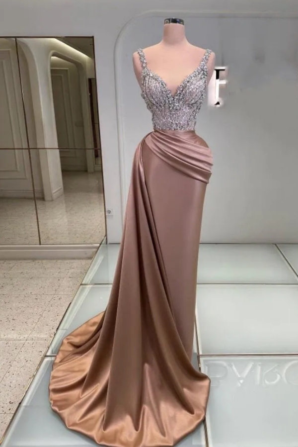 Glitter Sequins Mermaid Prom Dress Sleeveless V-neck Rushed Satin Evening Dress Long