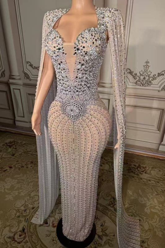 Glitter Strapless Crystals Floor Length Sheath Prom Dress