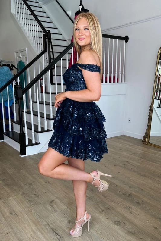 Glitter Fuchsia Tiered A-Line Short Lace Homecoming Dress