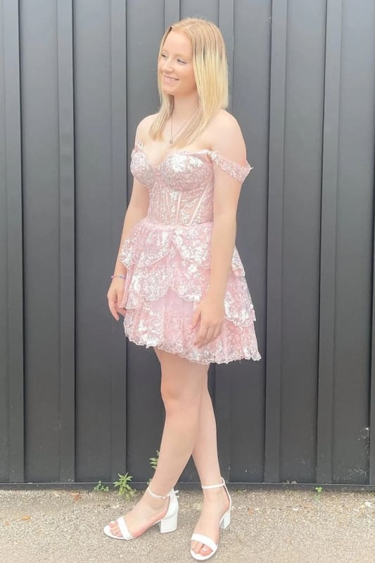 Glitter Fuchsia Tiered A-Line Short Lace Homecoming Dress