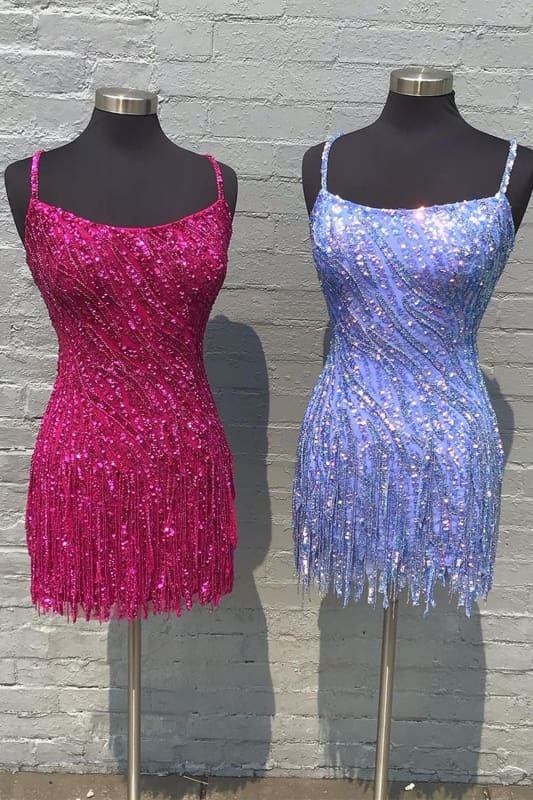 Sparkly Golden Spaghetti Straps Sequins Fringed Tight Short Hoco Dress
