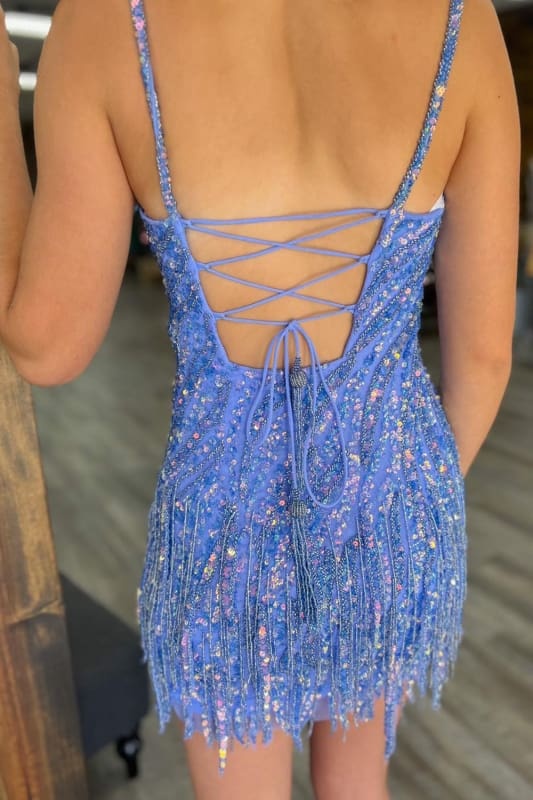 Sparkly Golden Spaghetti Straps Sequins Fringed Tight Short Hoco Dress