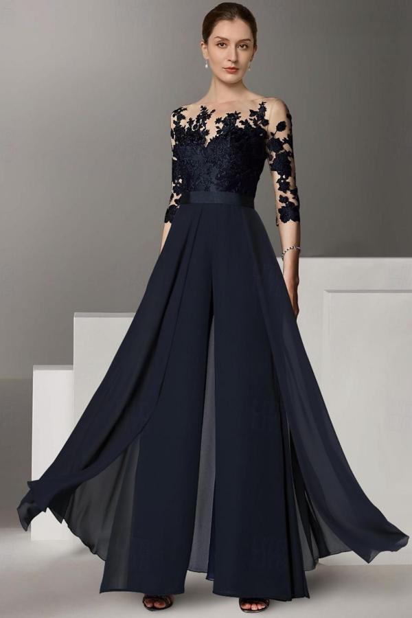 Navy Blue Half Sleeves Chiffon Mother of the Bride Jumpsuits with Lace Appliques