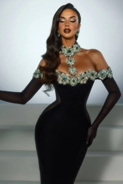 Halter Black Prom Dress Long Mermaid with Crystals