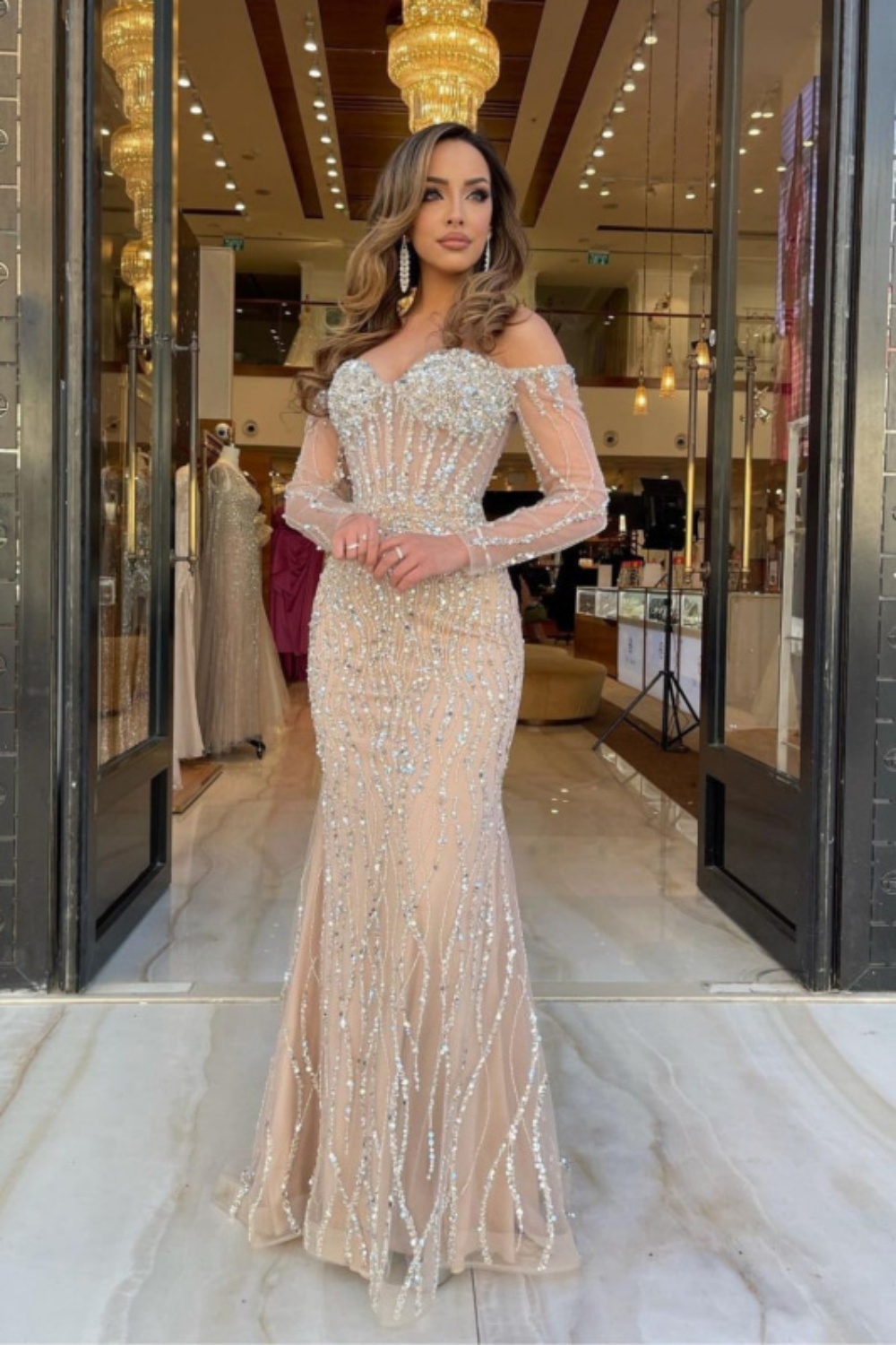 Charming Beaded Sequins Sweetheart Off-the-Shoulder Mermaid Prom Dress