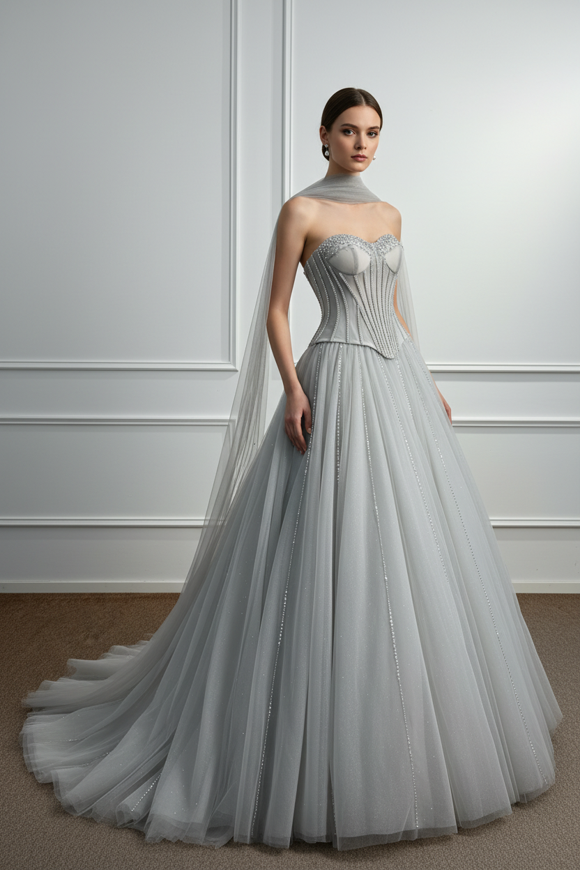 Silver Ball Gown Strapless Tulle Floor-Length A-Line Prom Dress