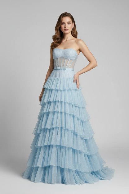 Strapless Sleeveless Chiffon Ruffles Long A-Line Prom Dress
