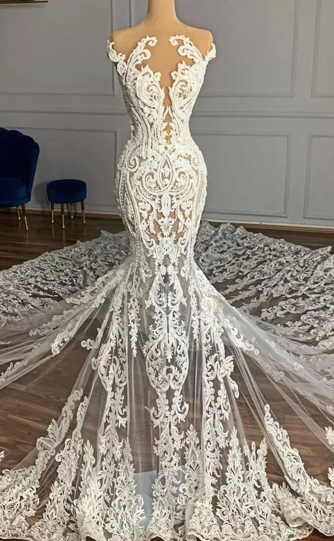 Chicloth Cap Sleeves Lace Wedding Dress Mermaid Long On Sale