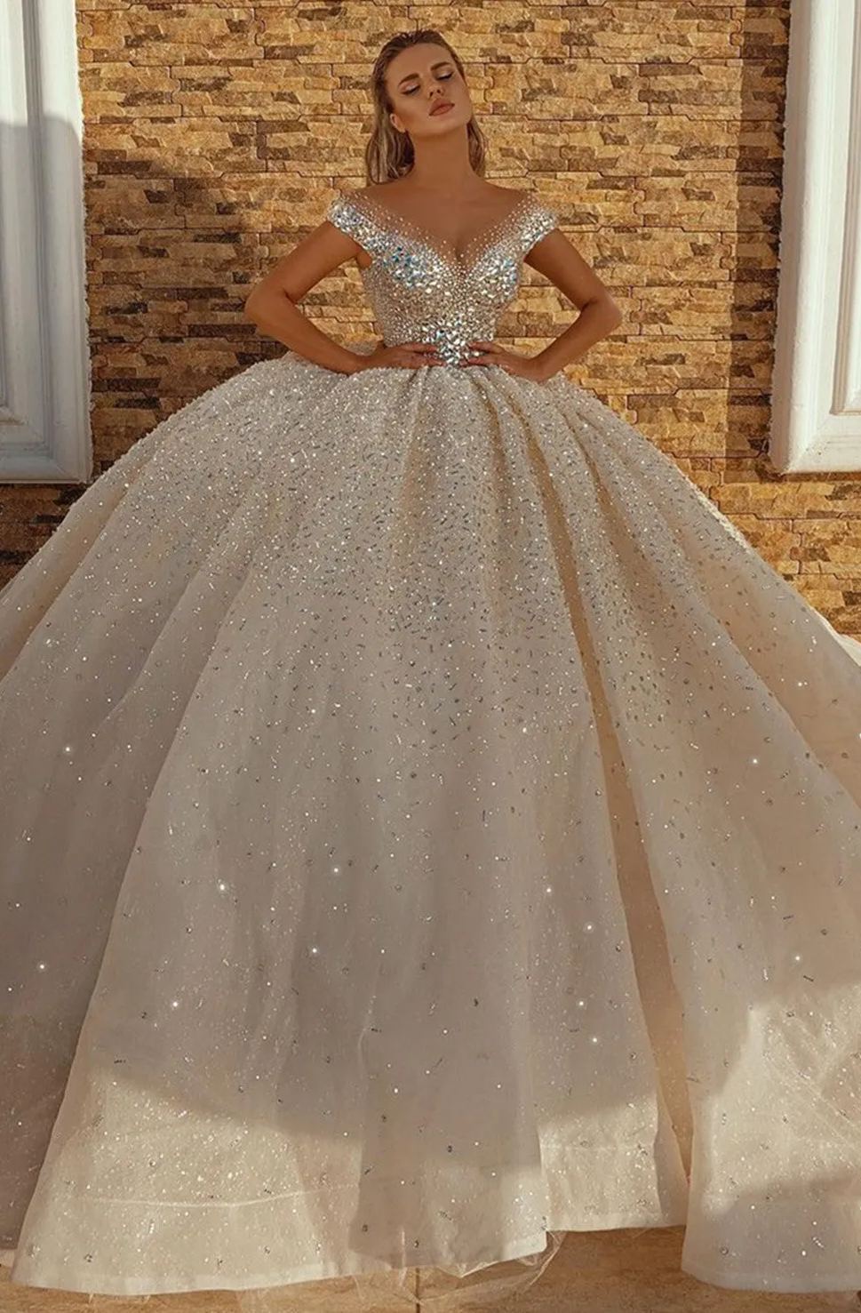 Chicloth Off-the-Shoulder Ball Gown Wedding Dress With Crystals