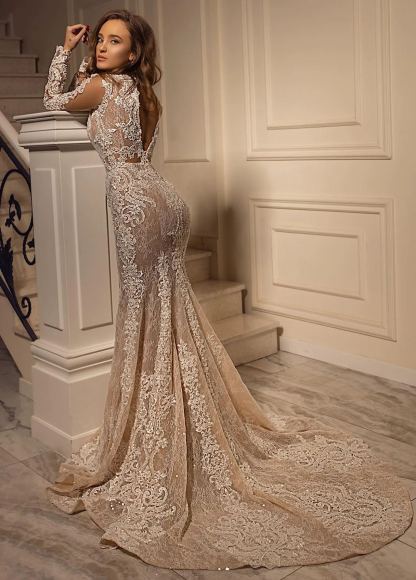 Chicloth Long Sleeves Lace Wedding Dress Mermaid Long