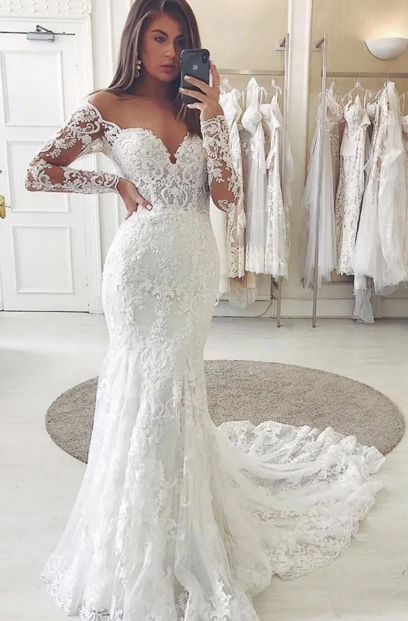 Chicloth Long Sleeves Mermaid Wedding Dress Lace V-Neck Bridal Gowns