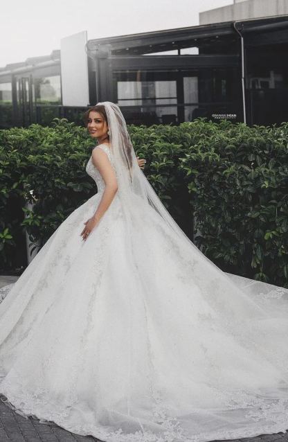 Chicloth V-Neck Sleeveless Ball Gown Wedding Dress With Silver Applqiues