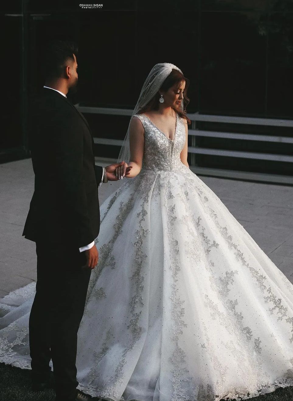 Chicloth V-Neck Sleeveless Ball Gown Wedding Dress With Silver Applqiues
