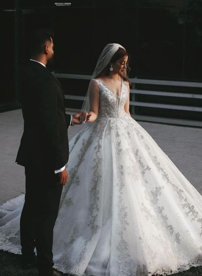 Chicloth V-Neck Sleeveless Ball Gown Wedding Dress With Silver Applqiues