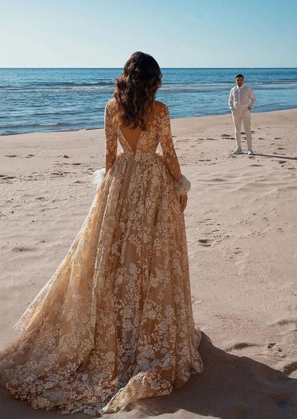 Chicloth Long Sleeves V-Neck Champagne Wedding Dress Beach With Appliques