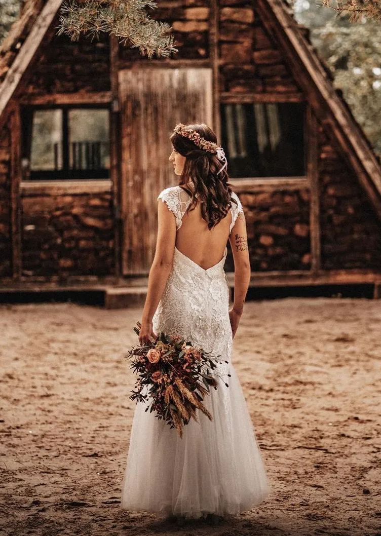Chicloth Cap Sleeves Lace Wedding Dress Mermaid Boho Bridal Wear