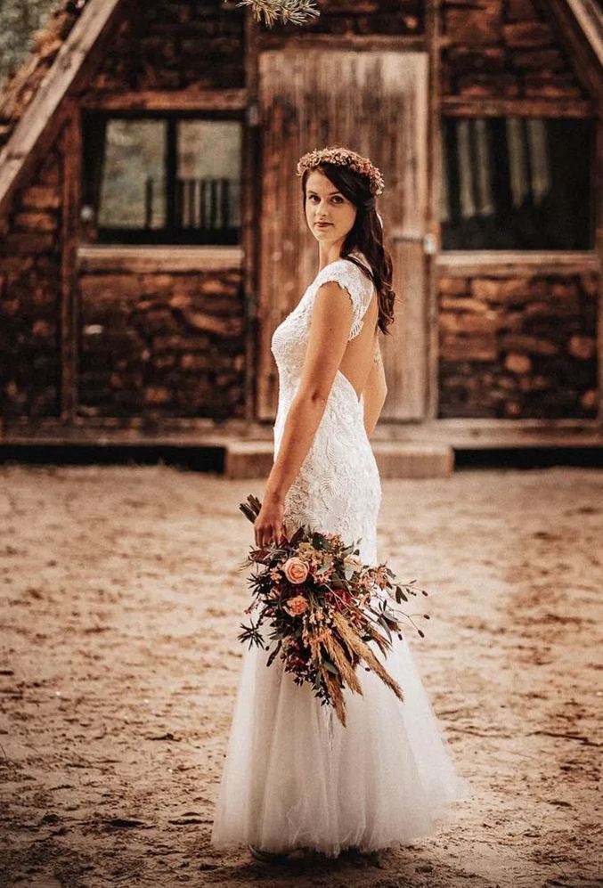 Chicloth Cap Sleeves Lace Wedding Dress Mermaid Boho Bridal Wear