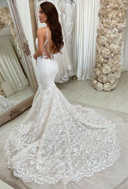 Chicloth Spaghetti-Straps Lace Wedding Dress Mermaid Sleeveless