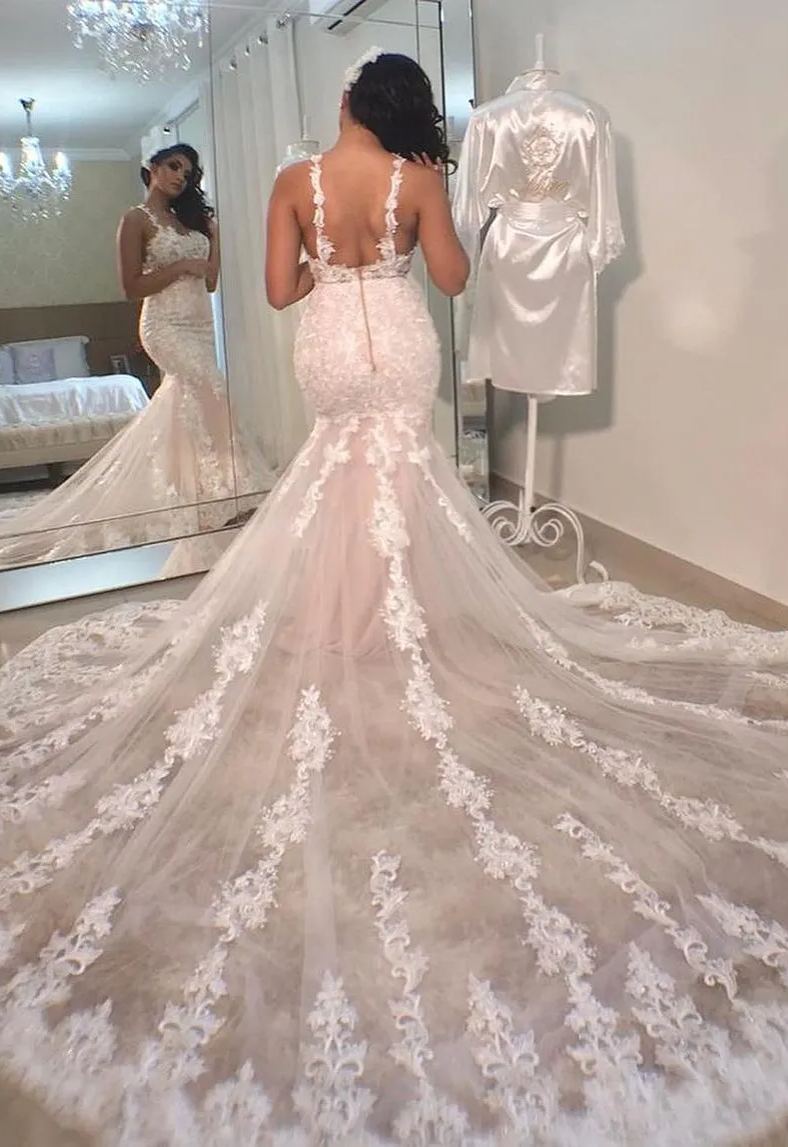 Chicloth Straps Lace Appliques Wedding Dress Mermaid Long Online
