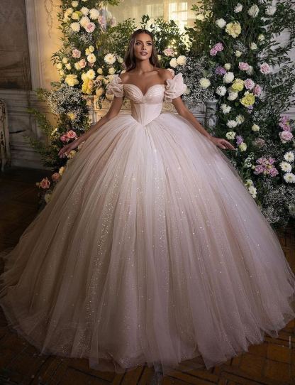 Chicloth Off-the-Shoulder Ball Gown Tulle Wedding Dress Shinning Sequins