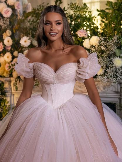 Chicloth Off-the-Shoulder Ball Gown Tulle Wedding Dress Shinning Sequins
