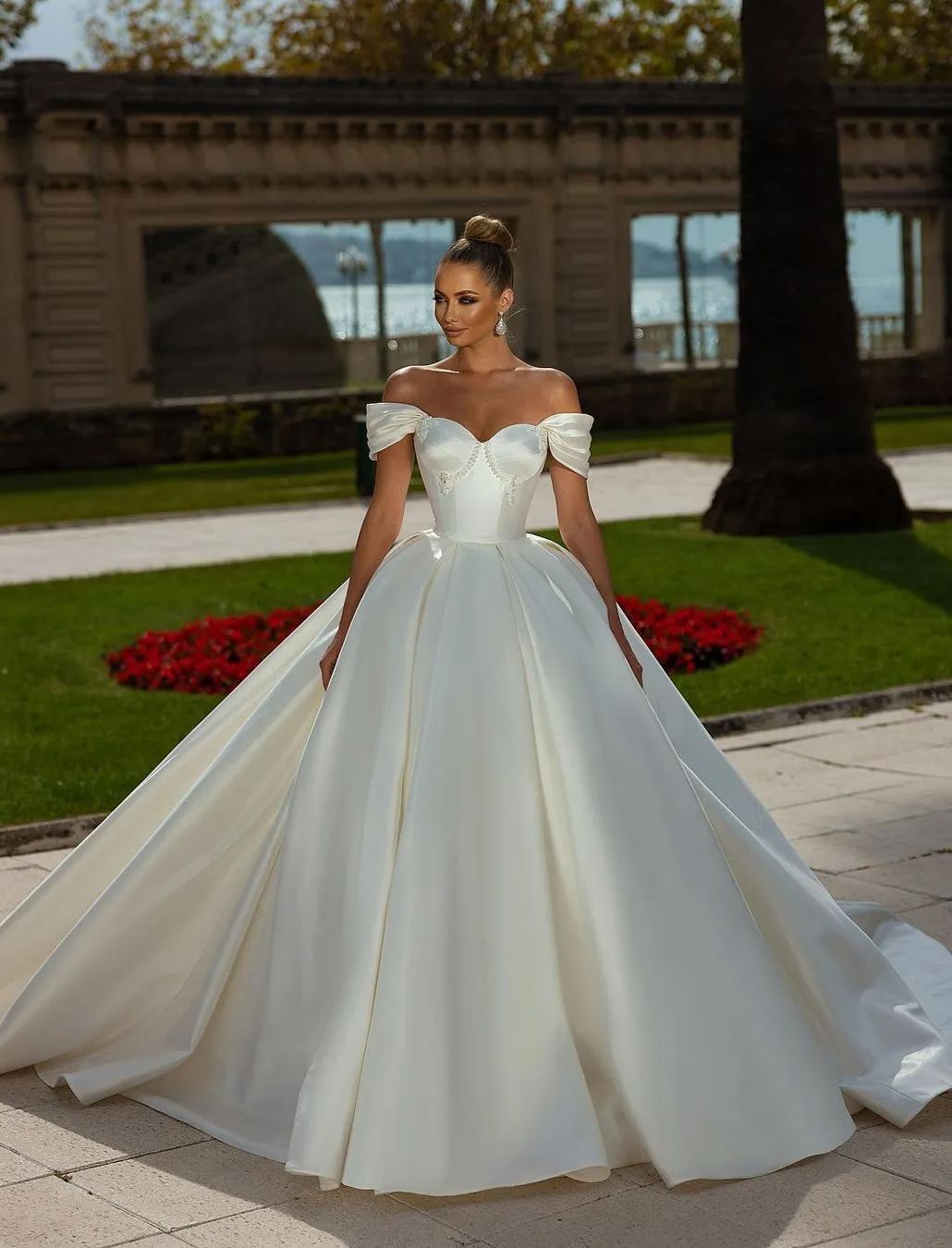 Chicloth Off-the-Shoulder Ball Gown Wedding Dress Satin