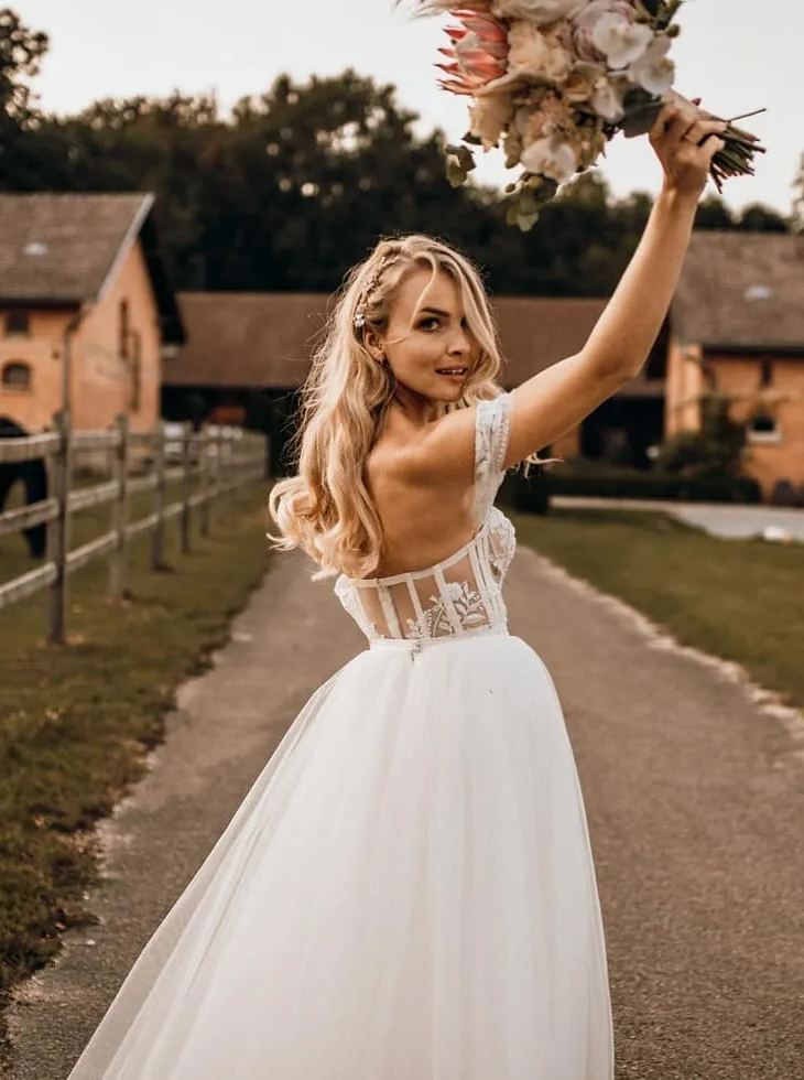 Chicloth Off-the-Shoulder Tulle Wedding Dress Boho Lace Long