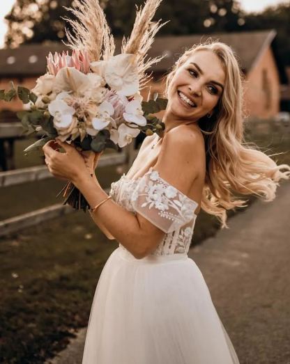 Chicloth Off-the-Shoulder Tulle Wedding Dress Boho Lace Long