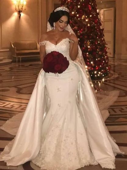 Chicloth Off-the-Shoulder Mermaid Wedding Dress Overskirt Lace Bridal Gown