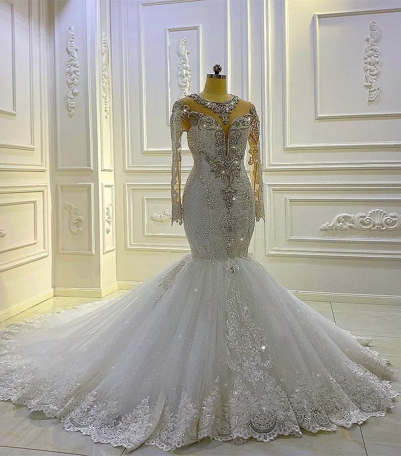 Chicloth Long Sleeves Mermaid Wedding Dress Lace Bridal Gowns With Crystal