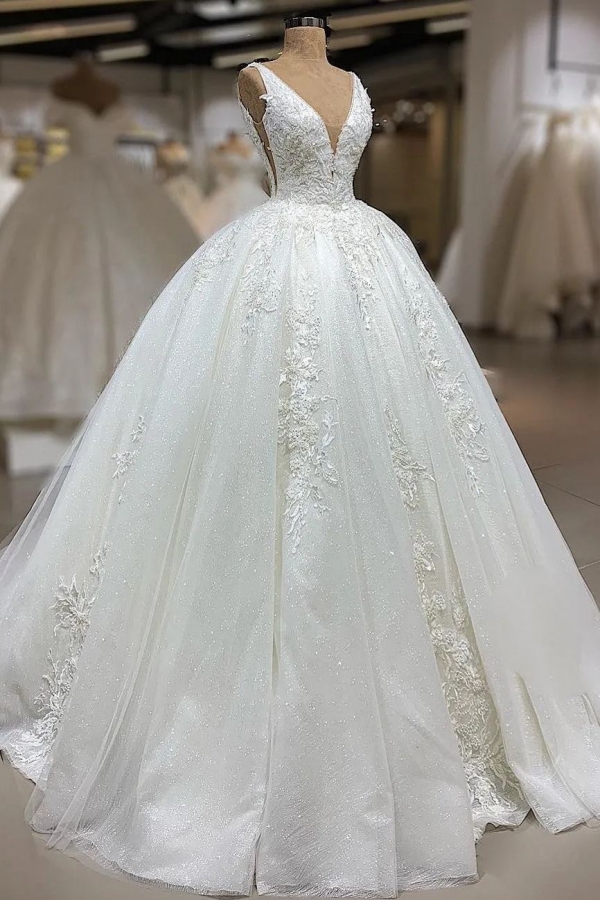 Chicloth Unique Straps V-neck White Wedding Dresses A-line Tulle Ruffles Bridal Gowns With Appliques On Sale