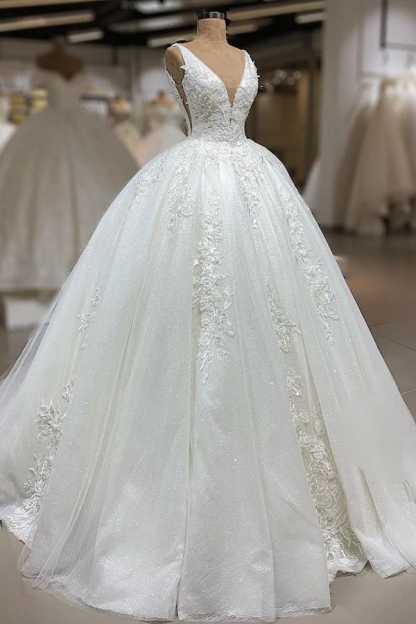 Chicloth Unique Straps V-neck White Wedding Dresses A-line Tulle Ruffles Bridal Gowns With Appliques On Sale