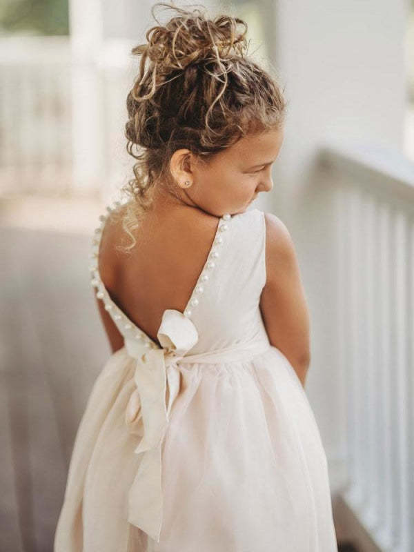 Ivory Flower Girl Dresses Jewel Neck Polyester Sleeveless Ankle-Length Princess Silhouette Butterfly Formal Kids Pageant Dresses