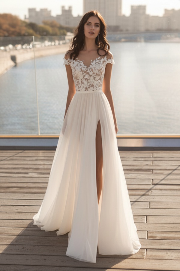 Chicloth Cap Sleeves Appliques Wedding Dress Long With Split