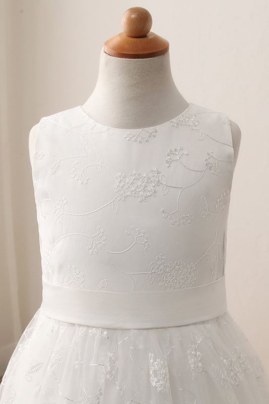 Ivory Flower Girl Dress Sleveless Jewel Neck Satin Little Girl Dress for Weddings with Lace Appliques - Flower Girl Dresses