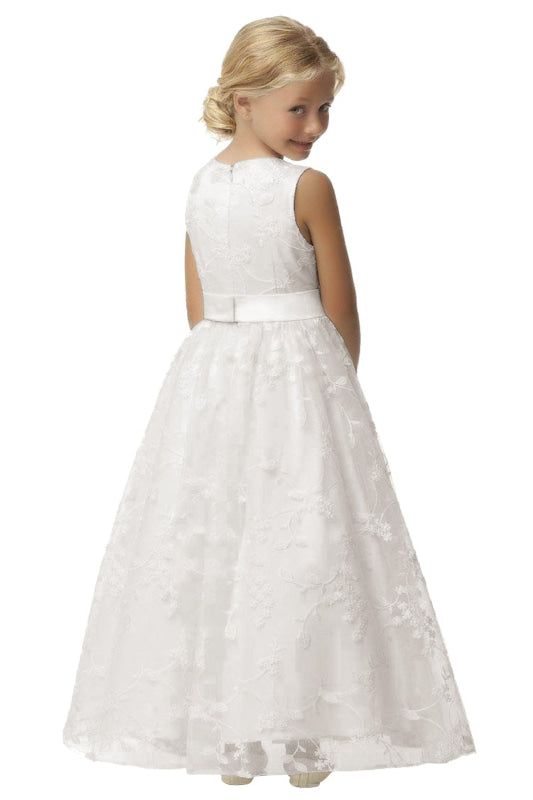 Ivory Flower Girl Dress Sleveless Jewel Neck Satin Little Girl Dress for Weddings with Lace Appliques - Flower Girl Dresses