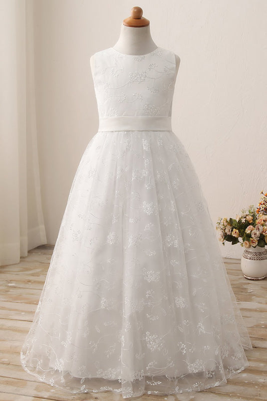 Ivory Flower Girl Dress Sleveless Jewel Neck Satin Little Girl Dress for Weddings with Lace Appliques - Flower Girl Dresses