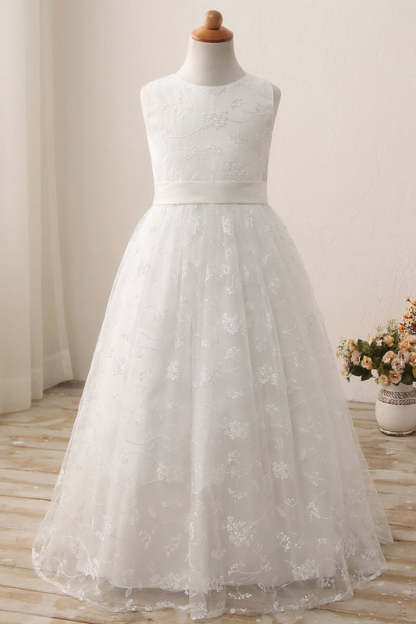 Ivory Flower Girl Dress Sleveless Jewel Neck Satin Little Girl Dress for Weddings with Lace Appliques - Flower Girl Dresses